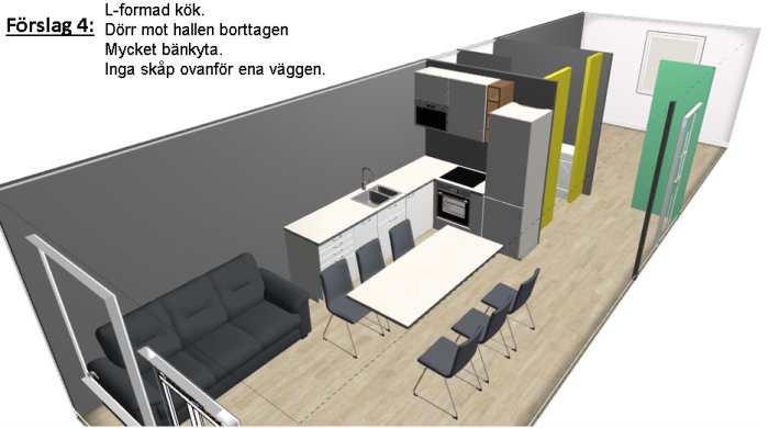 3D-ritning av kökslayoutförslag med L-format kök, stort matsalsbord, soffa och utan dörr mot hallen.