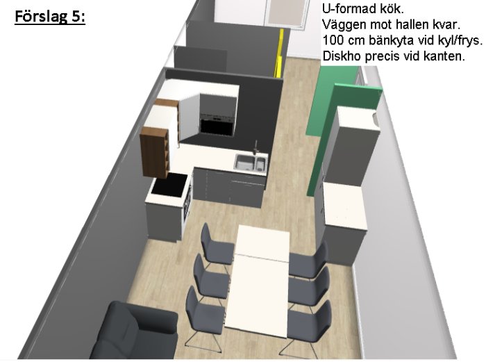 3D-modell av ett förslag för kökslayout med U-format kök och matplats i ett omstrukturerat bostadsrum.