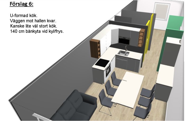 3D-ritning av förslag 6 för ombyggnad, U-format kök integrerat med vardagsrum, väggar i gult och grönt.