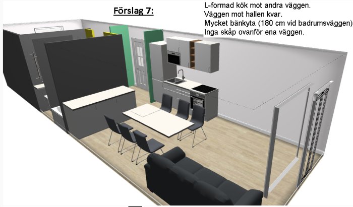 3D-visualisering av förslag 7 på lägenhetsomplanering med L-format kök och separering från hall.