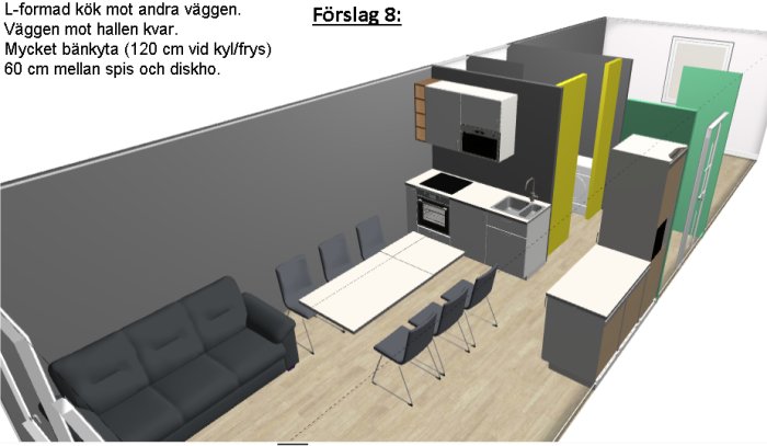 3D-modell av ett L-format kök med förslag på placering av vitvaror och möbler i en lägenhet.