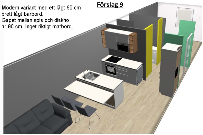 3D-modell av köksförslag i bostadsrätt med öppen planlösning, barbord och vitvaror.