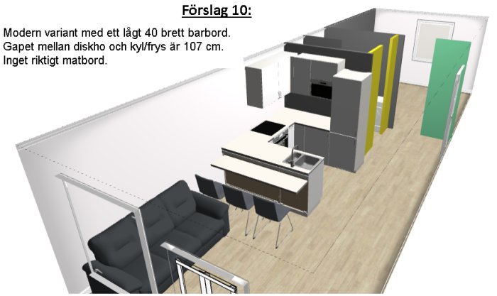 3D-planlösning av en lägenhet visar kökslayoutförslag 10 med lågt barbord, utan matbord, och avståndet mellan vitvaror.