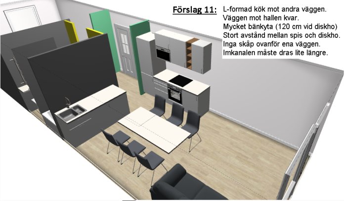 3D-planlösning med förslag 11 för kök i L-form, bord, stolar och textbeskrivning av layout.