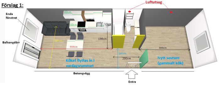 3D-planritning av förslag för ombyggnad av lägenhet med nya köksplaceringen i vardagsrummet.