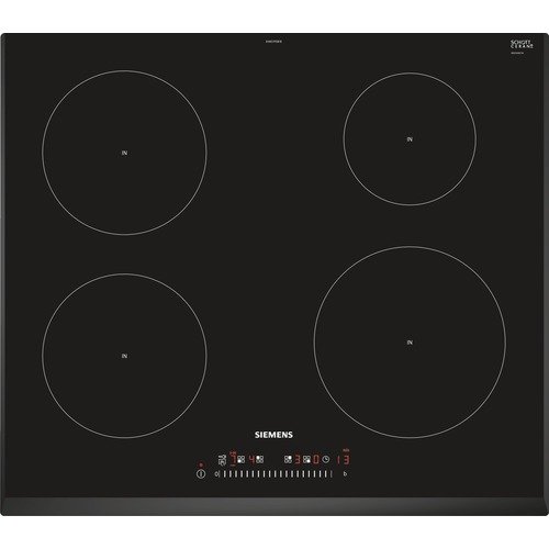 Svart Siemens induktionshäll med fyra kokzoner och touchkontroller, modell EH651FEB1E.
