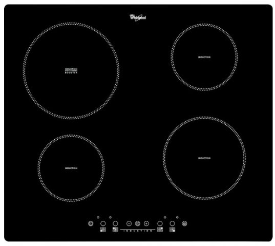 Whirlpool induktionshäll med fyra kokzoner och kontrollknappar.
