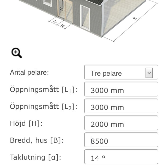 3D-modell av hus med mått för öppning och taklutning i en byggplaneringsguide.