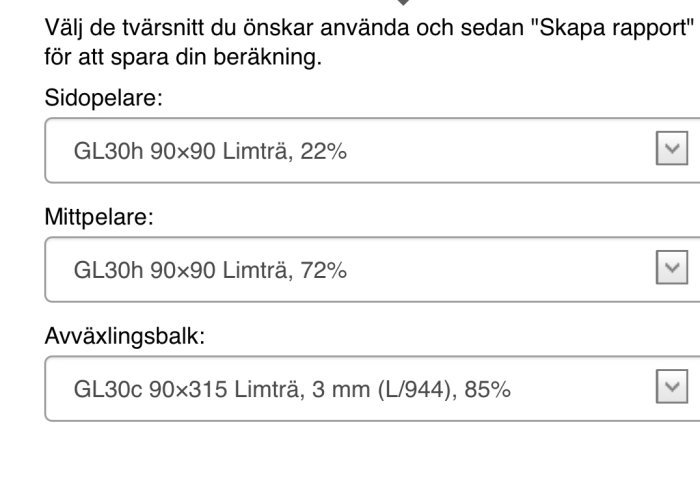 Skärmavbild av träguidens resultat med val av balktyper och procentsatser för en byggberäkning.