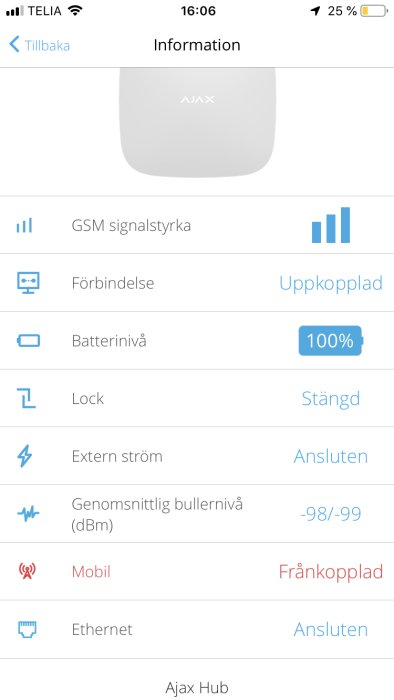 Skärmdump av enhetsinformation som visar GSM-signal, batterinivå och att mobilen är frånkopplad.