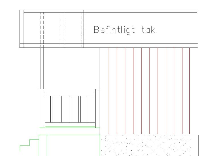 Teknisk ritning av takkonstruktion med befintligt tak, reglar, och takspånt layout.