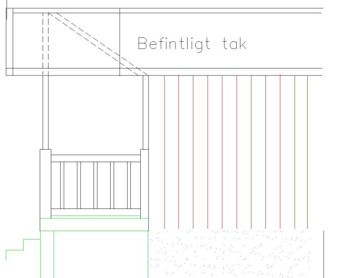 Ritning som visar befintligt tak med angivna diagonaler och understrukturens uppbyggnad för diskussion i forum.