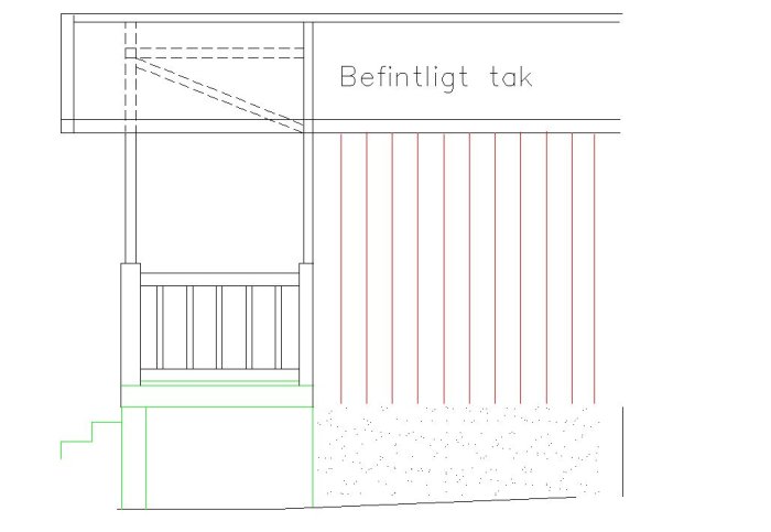 Arkitektonisk ritning av en byggnadssektion med befintligt tak och vertikala reglar.