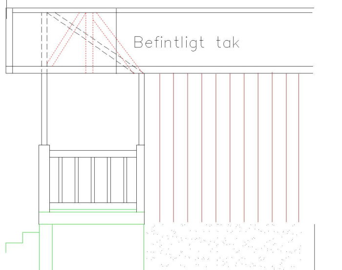 Arkitektritning av en byggkonstruktion med markerade stabiliserande diagonaler i rött.