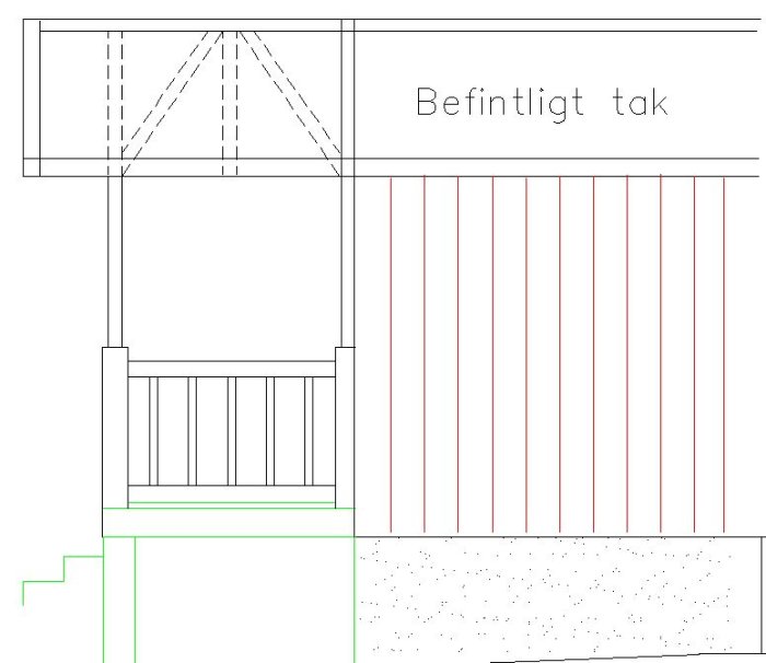 Ritning av en byggkonstruktion med pelare, reglar och befintligt tak i profilvy, markerade för en renovering.