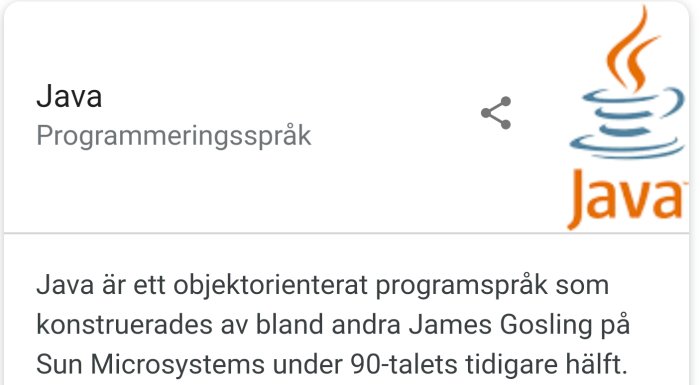 En skärmdump av en sökresultatsida som visar Java-logotypen med en beskrivande text om programmeringsspråket Java.