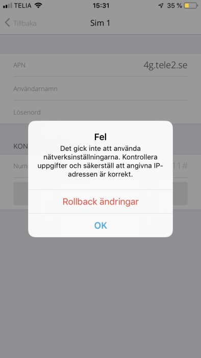 Skärmdump som visar felmeddelande vid uppdatering av GSM-inställningar på en mobiltelefon.