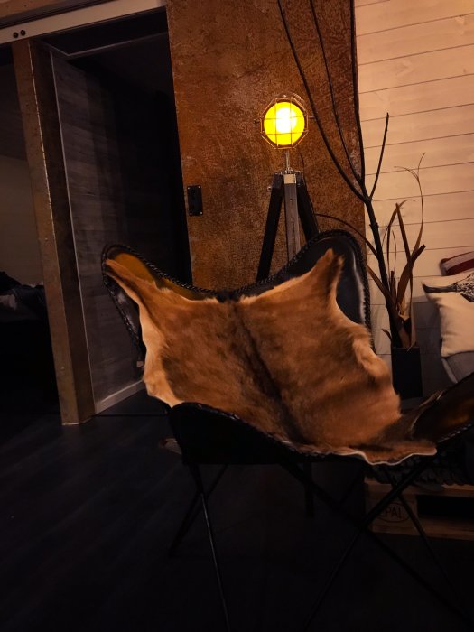 Mysigt vardagsrumshörn med svart golv och vit vägg. Rostigt plåtskåp, djurhud på stol och en gulfärgad lampa på ett stativ.