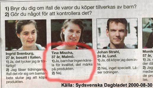 Utklipp från Sydsvenska Dagbladet med tre personers åsikter om barnarbete och produktköp, markerad bild på Tina Mischa.