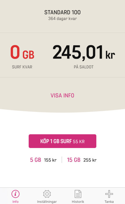 Skärmbild från mobil visar 0 GB data kvar och 245,01 kr på kontantkortssaldo.