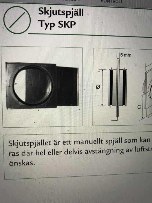 Informationsblad om Skjutspjäll Typ SKP med bild på spjället och tekniska ritningar.