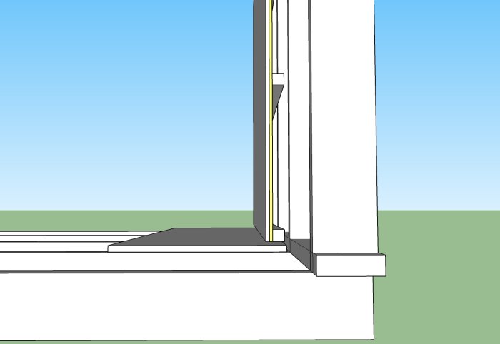 Illustration av ett hörn av ett golv och vägg i ett hus med synliga lager av isolering och byggmaterial.