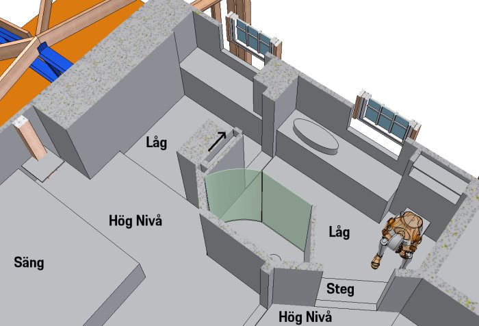 3D-modell av ett renoveringsprojekt med nivåskillnader i badrum och sovrum för rumsavdelning.