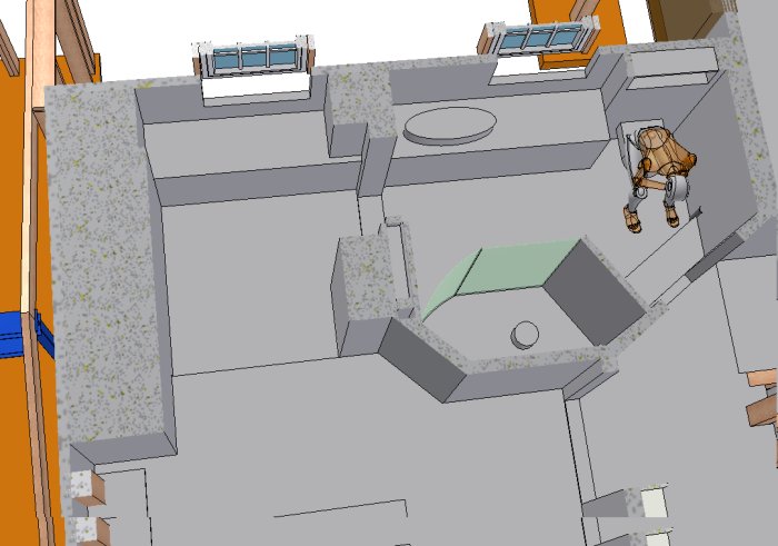 3D-ritning av renoveringsplan med sänkt golv i badrum och klädförvaring.