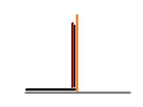 Schematisk illustration av väggkonstruktion med markeringar för tegel, asfaboard, reglar och balkongens betongskikt.