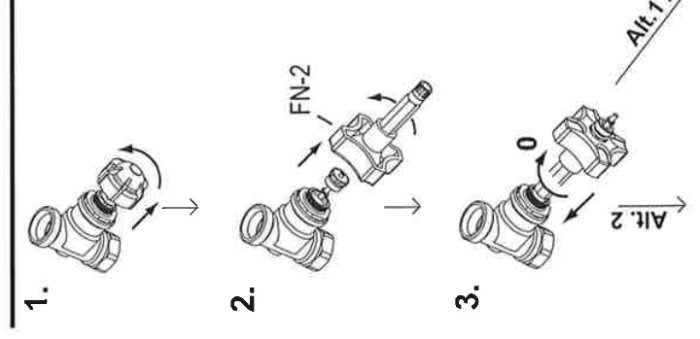 Illustration av demontering av en ventil i tre steg, med mutter borttagen och ribbad mässingspinne exponerad.