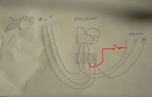Handritad skiss av elinstallation med kopplingsschema och märkningar.