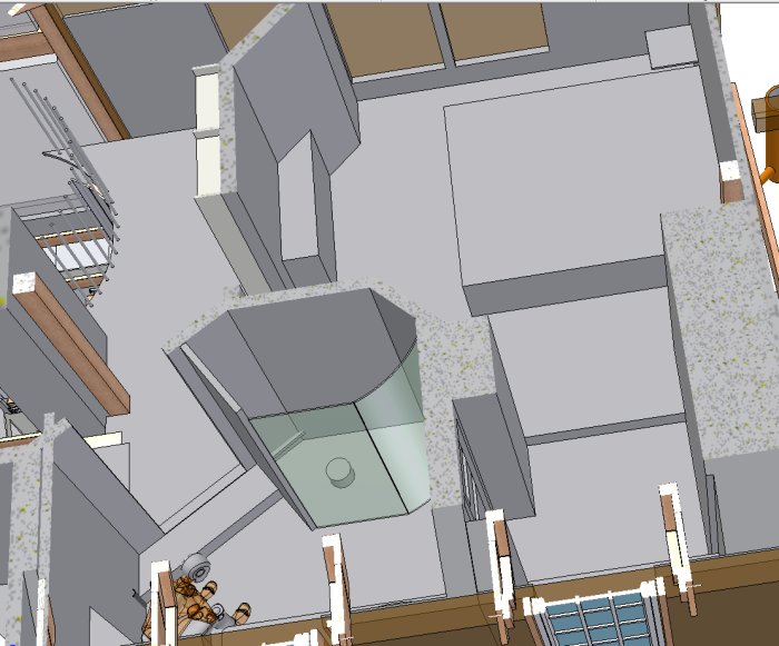 3D-ritning av en husplan med sovrum, badrum och integrerad förvaring i dörren.