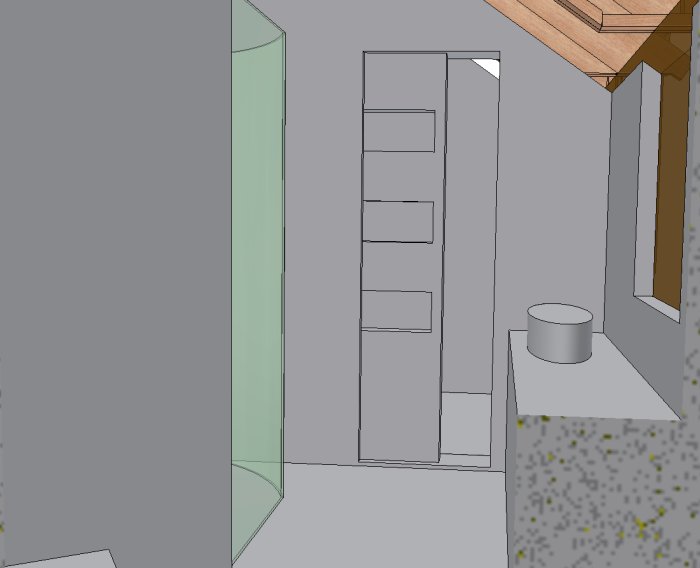 3D-rendering av en rumslayout med öppen dörr, dusch, förvaring och bordsskiva.