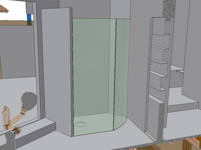 3D-modell av ett hörn i ett hus med rund dusch och inbyggd förvaring i en vägg.