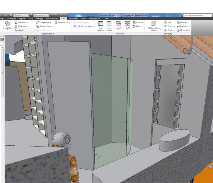 3D-ritning av badrumsdesign med integrerad förvaringsdörr och spegelkoncept.