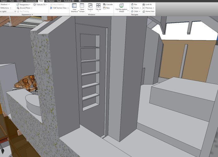 3D-modell av en interiör med öppen dörr som avslöjar inbyggd förvaring, bredvid en badrumsbänk.