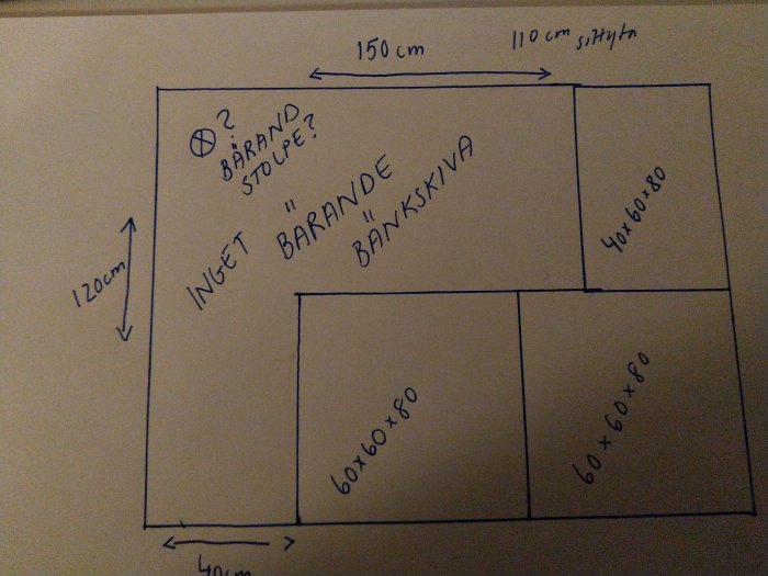 Handritad skiss av en köksö med måttangivelser och layout för skåp samt notering om bänkskiva.