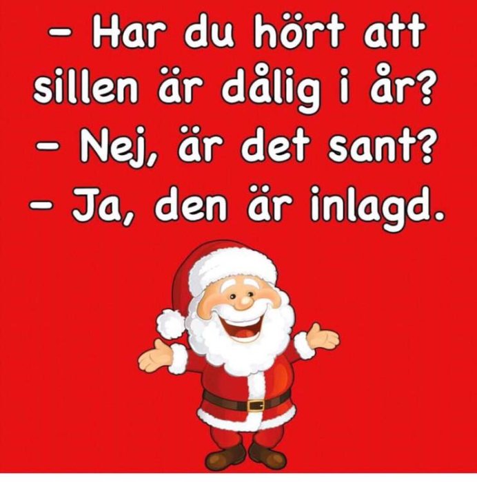 Glad tecknad tomte med en ordvits om sill, text på röd bakgrund.