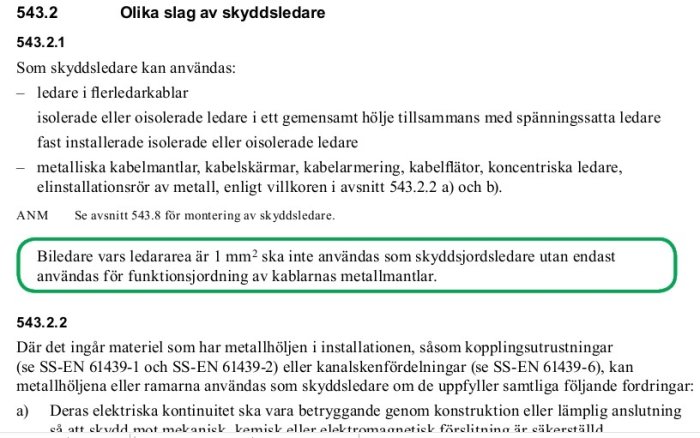 Utdrag ur en svensk standard för elinstallation (ss4364000) med regler för skyddsledare.