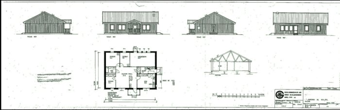 Arkitektritningar av ett enplanshus, inklusive fasadvyer och planlösning på 126.7 kvm.