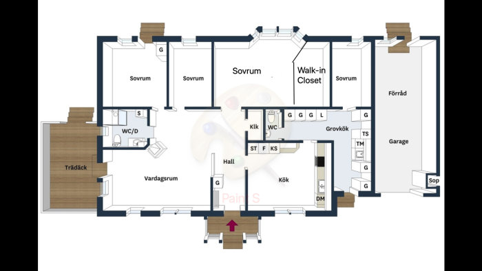 Ritning av enplanshus med 144 kvm boyta, inklusive integrerat garage och walk-in closet.