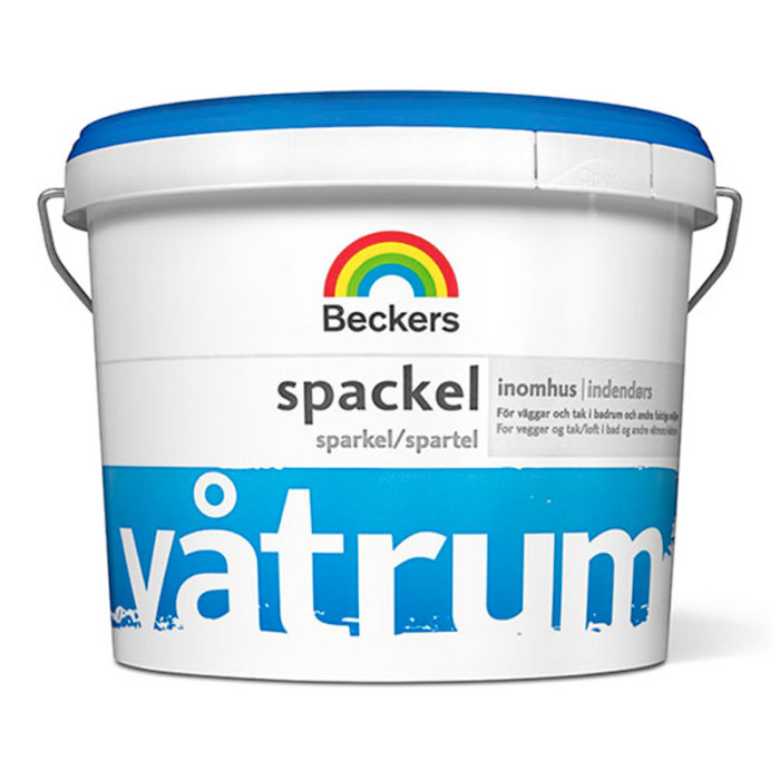 En hink med Beckers våtrumsspackel för inomhusbruk, avsedd för väggar och tak i badrum.