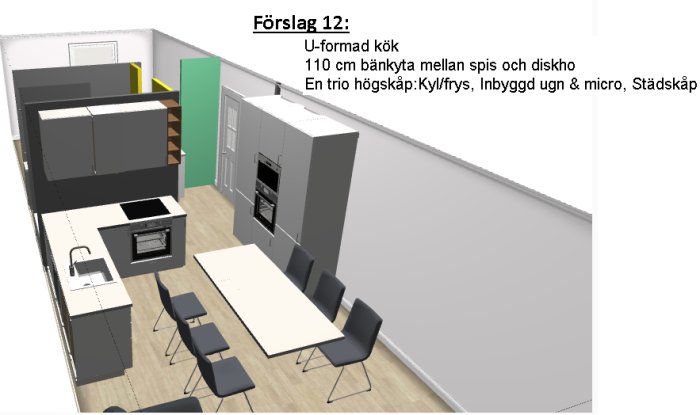 3D-modell av ett U-format kök med långt bord, köksö och inbyggda apparater.