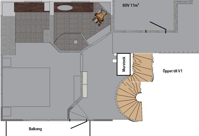 Planritning av en påbyggnad med sovrum, klädförvaring, badrum och passagen till balkongen, inklusive platsbyggda bokhyllor och spiraltrappa.