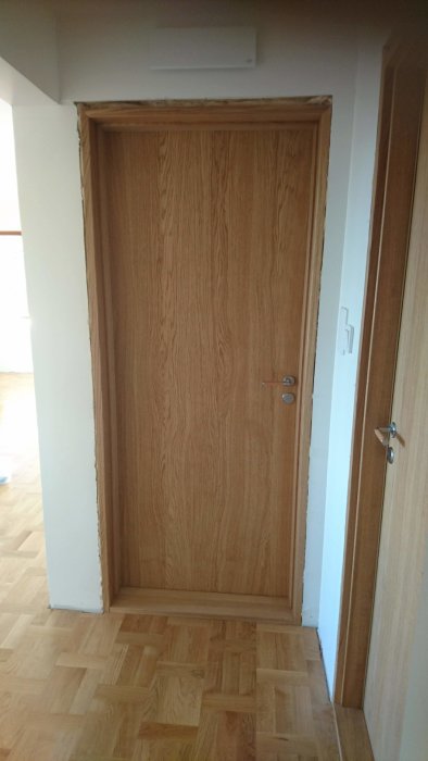 Nyligen installerad massiv ekdörr i karm, utan synliga tätningslister vid tröskeln.