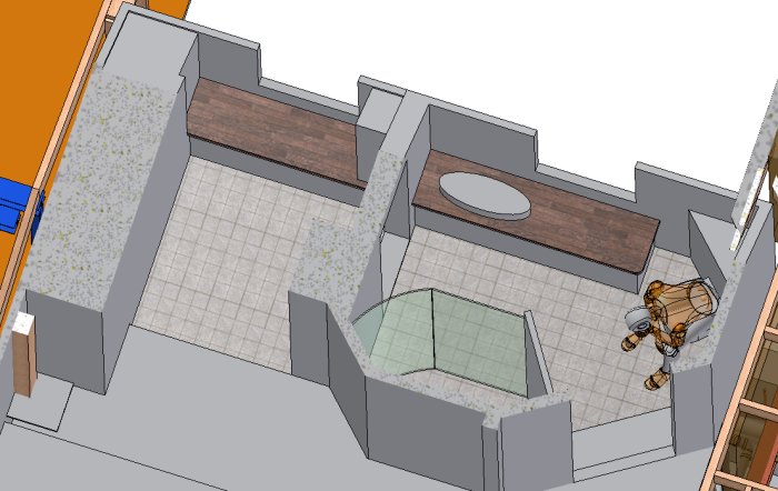 3D-planritning av ett badrum med dusch, handfat och passage till en balkong, samt en omarkerad trappa.