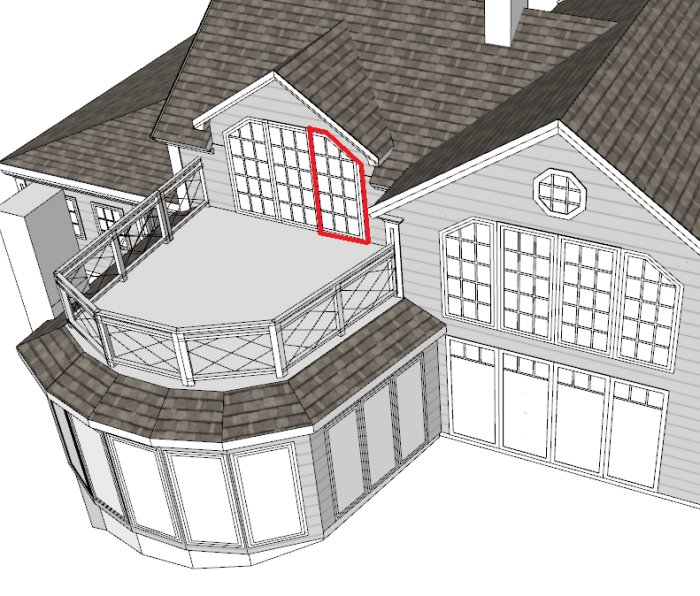 3D-modell av hus med takbalkong på 20m² och potentiell passage från sovrummet.