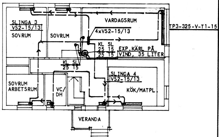 Schematisk ritning av 1-rörssystem för uppvärmning med radiatorer i olika rum och slingor markerade.