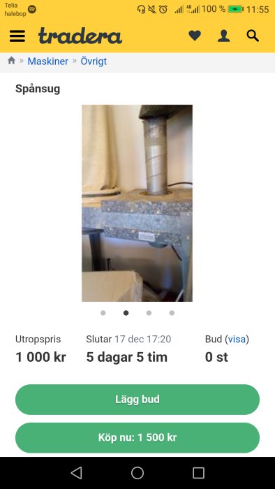 Spånsug till salu på Tradera, utropspris 1000 kr, ingen budgivning ännu.