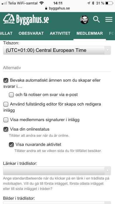 Skärmdump av diskussionsforums inställningsmeny med alternativ för e-postavisering och online-status.